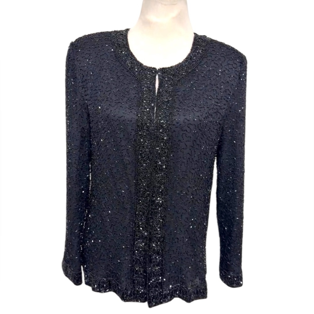 Laurence Kazar 100% Silk Jacket Vintage Black Beaded Embellished size XL